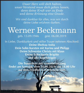 Traueranzeige von Werner Beckmann von Mitteldeutsche Zeitung Bitterfeld