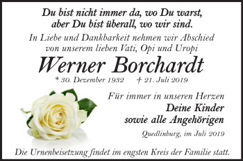 Traueranzeige von Werner Borchardt von Super Sonntag Quedlinburg
