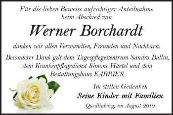 Traueranzeige von Werner Borchardt von Super Sonntag Quedlinburg