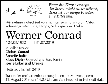 Traueranzeige von Werner Conrad von Super Sonntag Mansfelder Land