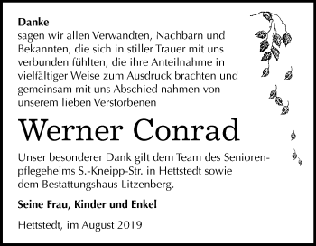 Traueranzeige von Werner Conrad von Mitteldeutsche Zeitung Mansfelder Land
