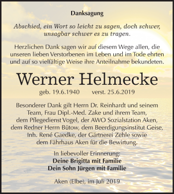 Traueranzeige von Werner Helmecke von Super Sonntag Köthen