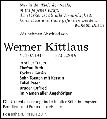 Traueranzeige von Werner Kittlaus von Mitteldeutsche Zeitung Naumburg/Nebra