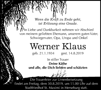 Traueranzeige von Werner Klaus von Mitteldeutsche Zeitung Merseburg/Querfurt