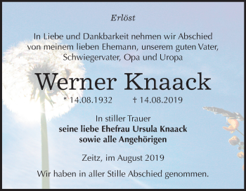 Traueranzeige von Werner Knaack von Mitteldeutsche Zeitung Zeitz