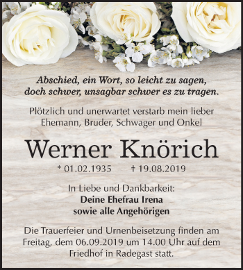 Traueranzeige von Werner Knörich von Mitteldeutsche Zeitung Köthen