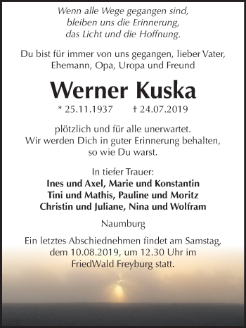 Traueranzeige von Werner Kuska von Mitteldeutsche Zeitung Naumburg/Nebra