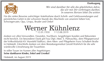 Traueranzeige von Werner Kühnlenz von Mitteldeutsche Zeitung Mansfelder Land