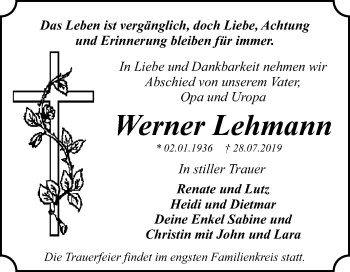 Traueranzeige von Werner Lehmann von Super Sonntag Dessau-Roßlau