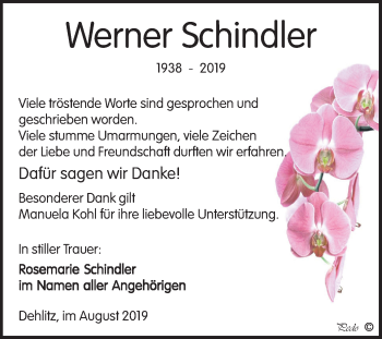 Traueranzeige von Werner Schindler von Wochenspiegel Weißenfels