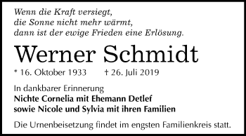 Traueranzeige von Werner Schmidt von Wochenspiegel Naumburg/Nebra