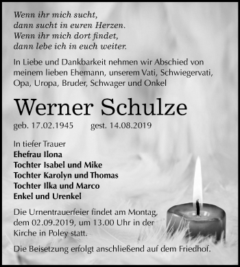Traueranzeige von Werner Schulze von Super Sonntag Bernburg