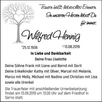 Traueranzeige von Wilfred Hennig von Super Sonntag Wittenberg