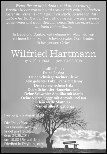 Traueranzeige von Wilfried Hartmann von Mitteldeutsche Zeitung Naumburg/Nebra