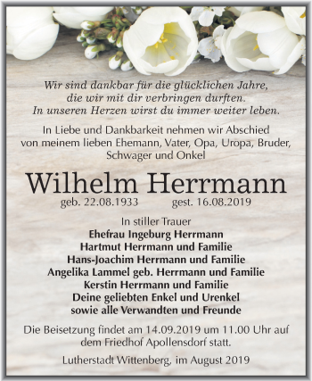 Traueranzeige von Wilhelm Herrmann von Super Sonntag Wittenberg