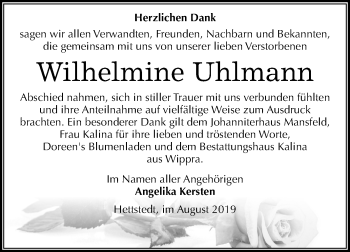 Traueranzeige von Wilhelmine Uhlmann von Mitteldeutsche Zeitung Mansfelder Land