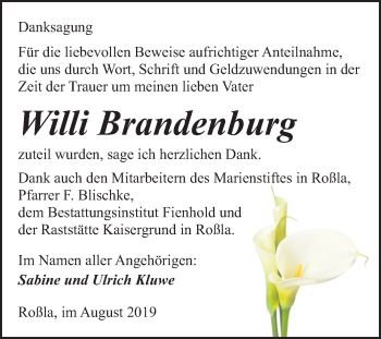 Traueranzeige von Willi Brandenburg von Super Sonntag Sangerhausen