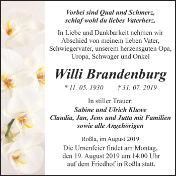 Traueranzeige von Willi Brandenburg von Mitteldeutsche Zeitung Sangerhausen