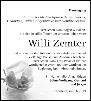 Traueranzeige von Willi Zemter von Super Sonntag Bernburg
