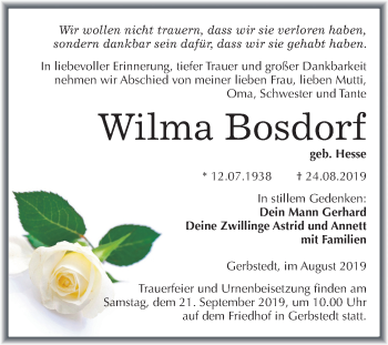 Traueranzeige von Wilma Bosdorf von Mitteldeutsche Zeitung Mansfelder Land