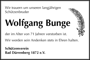 Traueranzeige von Wolfgang Bunge von Mitteldeutsche Zeitung Merseburg/Querfurt