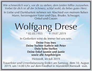 Traueranzeige von Wolfgang Drese von Mitteldeutsche Zeitung Mansfelder Land