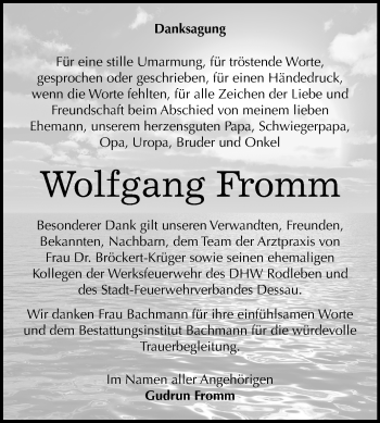 Traueranzeige von Wolfgang Fromm von Mitteldeutsche Zeitung Dessau-Roßlau