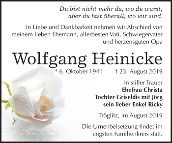 Traueranzeige von Wolfgang Heinicke von Super Sonntag Zeitz
