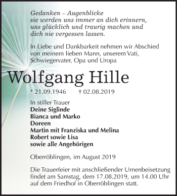 Traueranzeige von Wolfgang Hille von Super Sonntag Sangerhausen