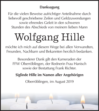 Traueranzeige von Wolfgang Hille von Super Sonntag Sangerhausen