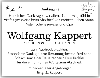 Traueranzeige von Wolfgang Kappert von Super Sonntag Wittenberg