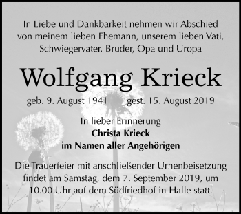 Traueranzeige von Wolfgang Krieck von Mitteldeutsche Zeitung Halle/Saalkreis