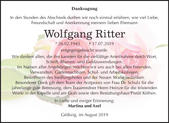 Traueranzeige von Wolfgang Ritter von Mitteldeutsche Zeitung Köthen
