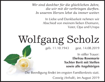 Traueranzeige von Wolfgang Scholz von Super Sonntag Wittenberg