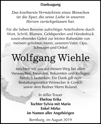 Traueranzeige von Wolfgang Wiehle von Mitteldeutsche Zeitung Bernburg