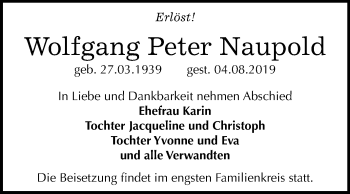 Traueranzeige von Wolfgang Peter Naupold von Super Sonntag Wittenberg