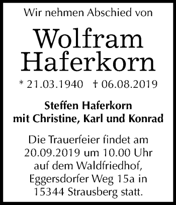 Traueranzeige von Wolfram Haferkorn von Mitteldeutsche Zeitung Wittenberg