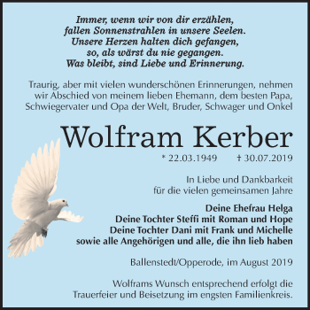 Traueranzeige von Wolfram Kerber von Super Sonntag Quedlinburg