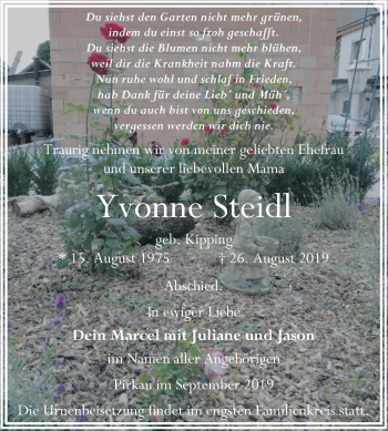 Traueranzeige von Yvonne Steidl von Super Sonntag Zeitz