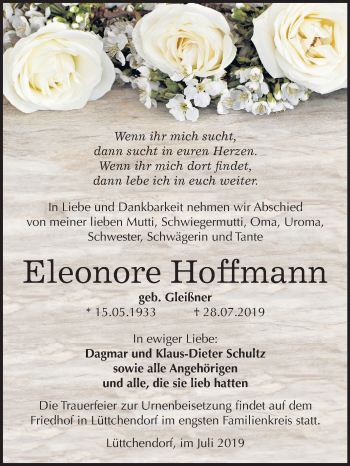 Traueranzeige von Eleonore Hoffmann von Mitteldeutsche Zeitung Mansfelder Land