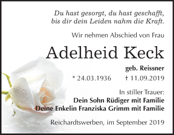 Traueranzeige von Adelheid Keck von Wochenspiegel Weißenfels