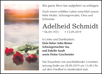 Traueranzeige von Adelheid Schmidt von Wochenspiegel Bitterfeld