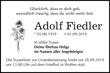 Traueranzeige von Adolf Fiedler von Wochenspiegel Bitterfeld