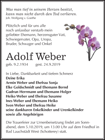 Traueranzeige von Adolf Weber von Super Sonntag Merseburg/Querfurt