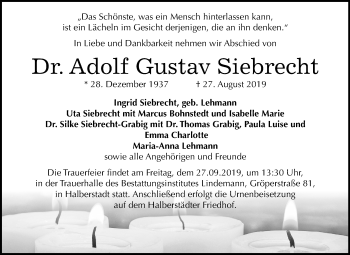 Traueranzeige von Adolf Gustav Siebrecht von Mitteldeutsche Zeitung Quedlinburg
