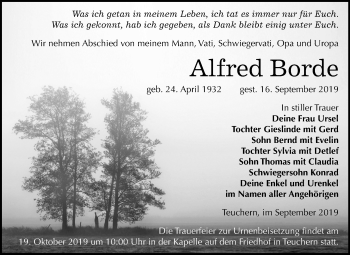 Traueranzeige von Alfred Borde von Wochenspiegel Weißenfels