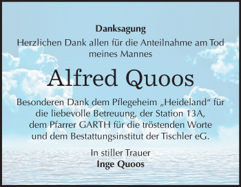Traueranzeige von Alfred Quoos von Super Sonntag Wittenberg