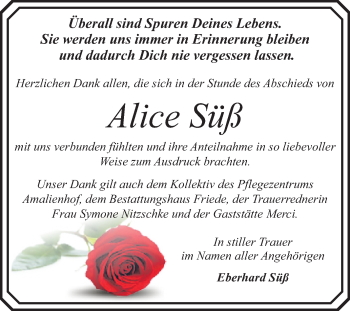Traueranzeige von Alice Süß von Super Sonntag Dessau-Roßlau