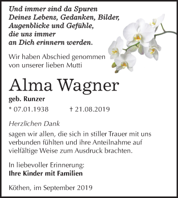 Traueranzeige von Alma Wagner von Super Sonntag Köthen