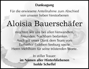 Traueranzeige von Aloisia Bauerschäfer von Super Sonntag Mansfelder Land